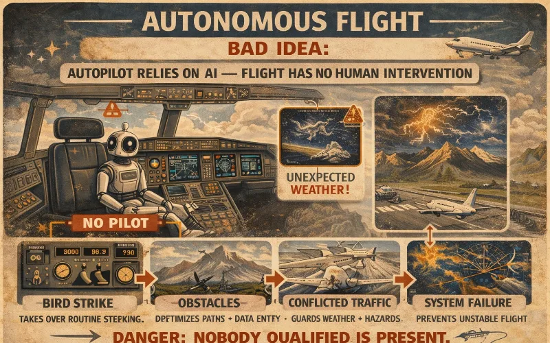 Slide: autonomous flight, a robot alone in the cockpit heading into storms