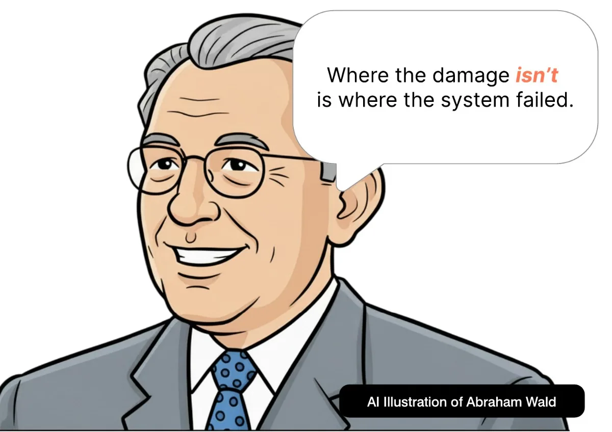 Illustration of Abraham Wald, saying: where the damage isn’t is where the system failed.